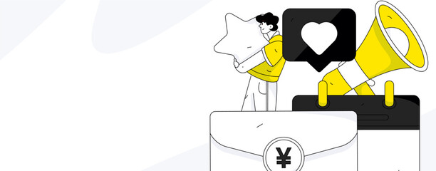 Use red envelopes to attract new customers and promote activity. Flat vector character concept illustration
