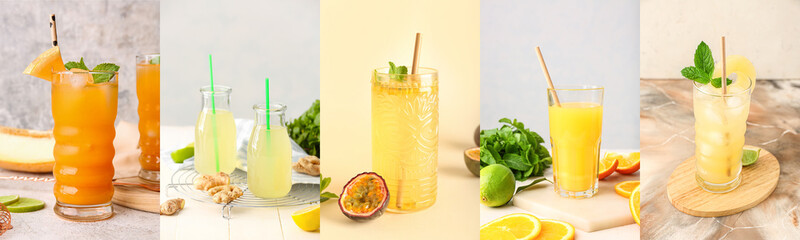 Collage of tasty chilled cocktails on light background - obrazy, fototapety, plakaty