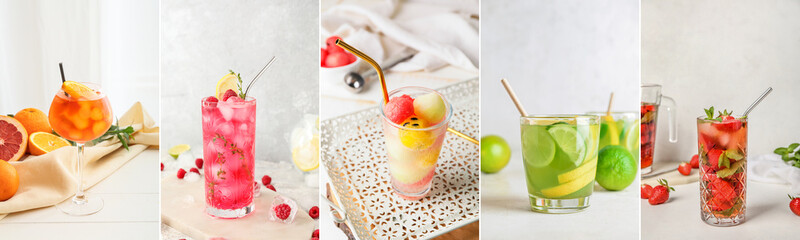 Collage of glasses with tasty chilled cocktails on light background