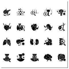 Fototapeta premium Human internal organs glyph icons set. Health problems diagnostic. Prevention of diseases. Medical treatment.Health concept.Filled flat signs. Isolated silhouette vector illustrations