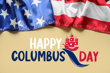 Banner for Happy Columbus Day with USA flag on beige background