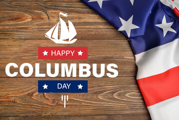Banner for Happy Columbus Day with USA flag on wooden background