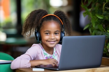 Grade School Girl Immersed in Online Remote Learning with Laptop