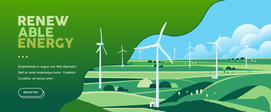 Green hills nature landscape Eco friendly technology, wind turbine, sustainable environment banner, renewable alternative energy