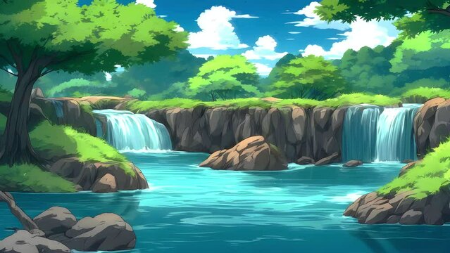 Natural waterfall in plitvice national park with anime style footage 4K