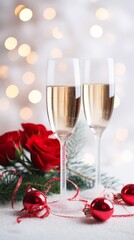 Love and Christmas concept, two glasses of champagne and red roses, red decorative ball, snow and abstract bokeh lights with soft light background