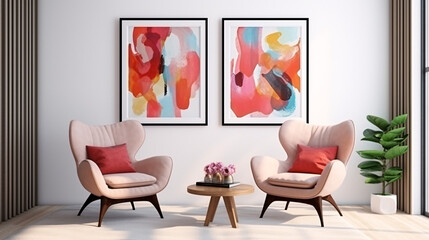 paintings in portrait and framed paintings in neutral colors, Art Moderne Modern Interior Design