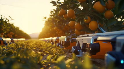 A robot is picking oranges in a vast orange field.