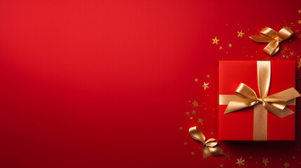 Merry Christmas red gift box with gold ribbon, Christmas and New Year background, Xmas greeting card. Christmas realistic gifts box on red background top view, festive decorative object
