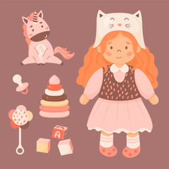 Children toys set. Cute red haired little girl in funny hat in dress, doll, unicorn toy, cubes, pyramid, pacifier and rattle. Vector illustration. Isolated elements in cartoon style. kids collection