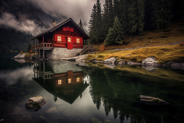 Obraz premium wood cabin by a lake