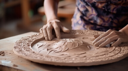 Fototapeta na wymiar Carving clay for make earthenware.