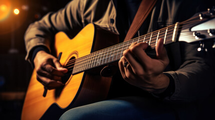Obraz na płótnie Canvas Guitarist and producer tuning his acoustic guitar