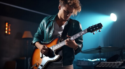 Male guitarist playing electric guitar at modern home studio or rehearsal room. Young man producing music with electronic effects processors