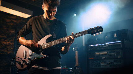 Obraz premium Male guitarist playing electric guitar at modern home studio or rehearsal room. Young man producing music with electronic effects processors