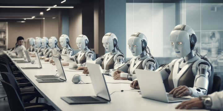 Many identical AI robots sitting at desks in the office and working with computers: Artificial intelligence and robotization effects on Employment