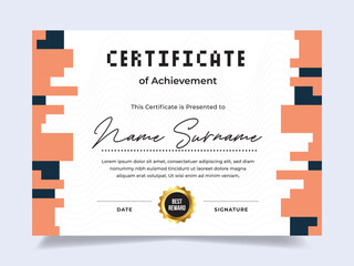 Pixel certificate of achievement template with gold badge. Modern certificate vector. Perfect for employee awards.