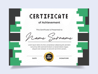 Pixel certificate of achievement template with gold badge. Modern certificate vector. Perfect for employee awards.