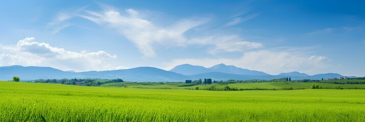 Panoramic natural landscape with green grass field, blue sky with clouds and and mountains in background. Panorama summer spring meadow.