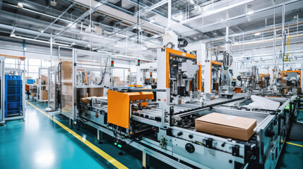 Large hall with machinery and technology, lithium battery production plant as imagined - obrazy, fototapety, plakaty