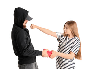 Robber trying to steal wallet from young woman on white background. Concept of self-defence