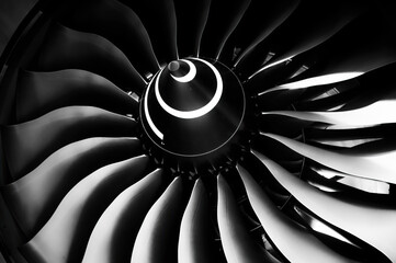 Jet engine blade, close up detail in black and white, blades of the turbofan engine of the aircraft - obrazy, fototapety, plakaty
