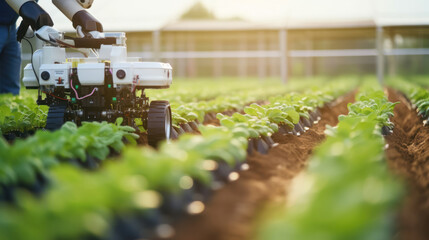 Smart robotic futuristic farmers working on field Agriculture technology, Farm automation