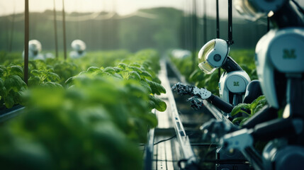Smart robotic futuristic farmers working on field Agriculture technology, Farm automation - obrazy, fototapety, plakaty