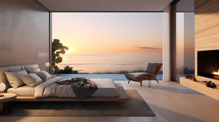 modern bedroom with a fire place by the ocean