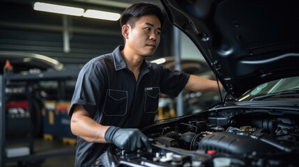 Asian mechanic checking the safety of a car. Maintenance of damaged parts in the garage. Maintenance repairs. Repair service concept.