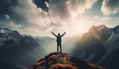 A person celebrating on top of a cliff, hiking, created with AI