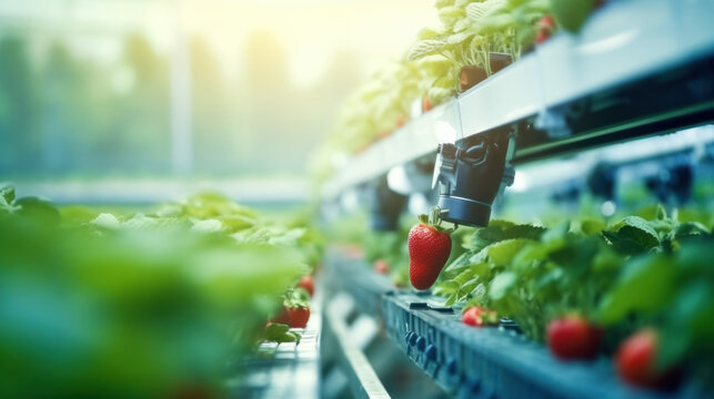 Smart robotic farmers strawberry in agriculture futuristic robot automation to work or increase efficiency - Powered by Adobe