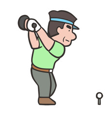 ゴルフスイングをする男性、ドライバーショットのトップ、後方3