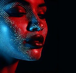 In this captivating fashion-style photo, a beautiful woman's face is bathed in the vibrant glow of red and blue neon lights, creating an edgy and mesmerizing allure.
