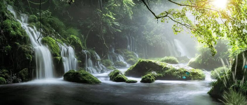 surrounded by waterfalls, Digital art. Fantasy landscape, deep color. Fantasy landscape animation