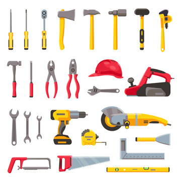 Set of constructions tools on isolated white background. Builder, repair tools, building, architecture, architect, repairmen essential tools. Under construction. 