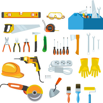 Repair tools and construction tools icon. Isolated on background. Cartoon vector illustration.
