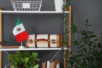Mexican flag with suitcase on shelf in room