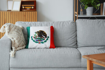 Pillows with Mexican flag on sofa in living room