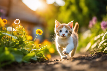 Cute little kitten running in the park at sunset.