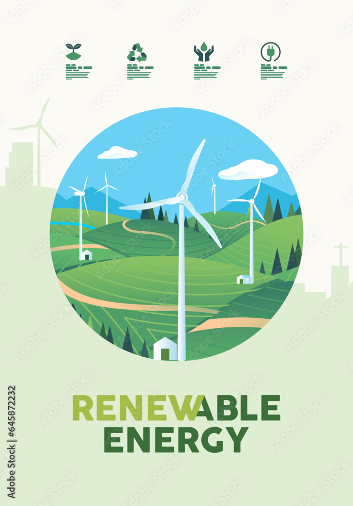 Sticker Green hills nature landscape, environment, ecology, meadows, field, renewable alternative energy, wind turbine poster banner concept