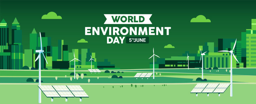 Word environment day Eco city Urban landscape of future town use alternative energy sources solar panel and windmills