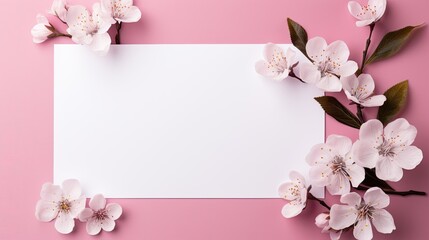 blank white paper with white flowers on wooden background