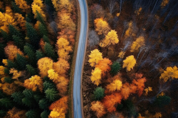 Aerial view of an autumn forest and road 