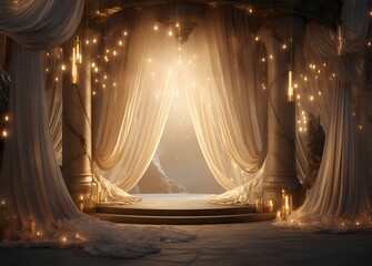Vintage stage curtains with spotlight, mountain view backdrop