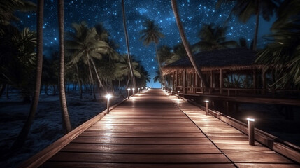 Wooden Bridge with Wooden Railing at Night. wooden pathway with beautiful night sky with stars