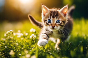 Naklejka na ściany i meble Cute little kitten running in the park at sunset.