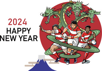 龍のように活躍するラグビー選手の年賀状
