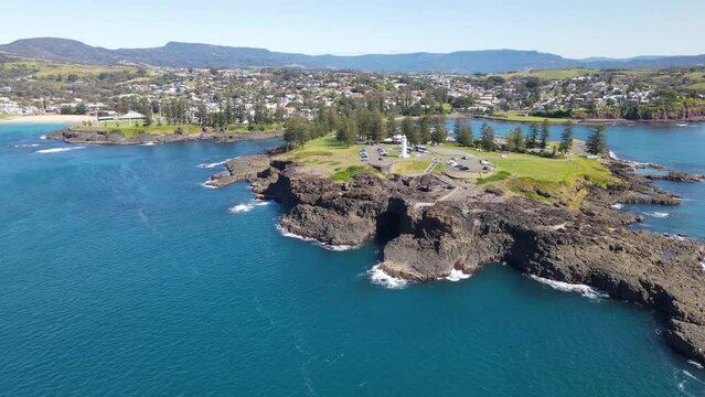 Aerial drone view of Kiama on the New South Wales South Coast, Australia showing Kiama Lighthouse on a sunny day 