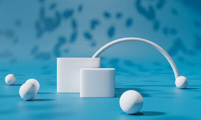 Podium with colorful pastel background and tree or leaf stand on advertising display. 3D rendering.